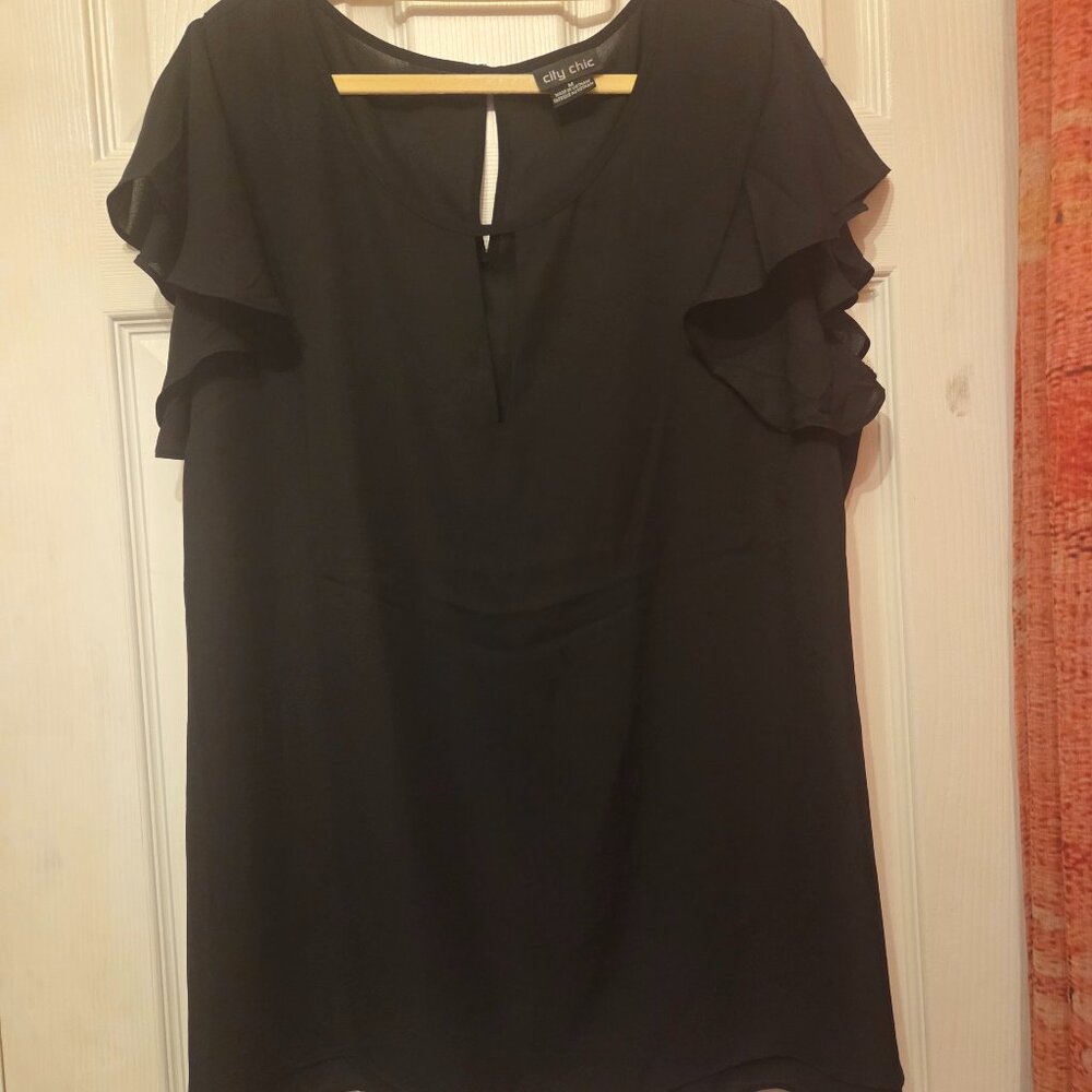 City Chic Black Chiffon Flutter Sleeve Blouse Keyhole Top Plus Size 18 M NWOT